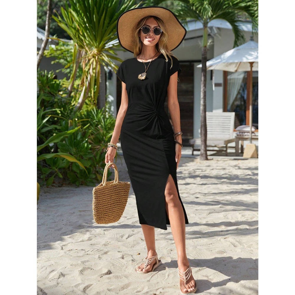 boho Solid Twist Front Split Thigh midi Dress black
